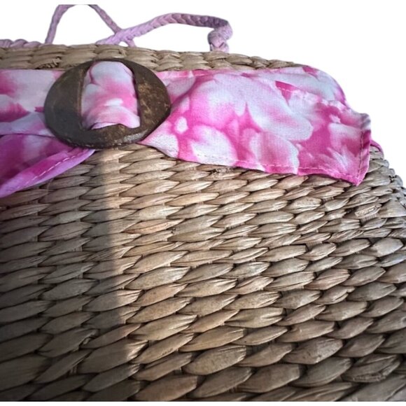 Woven Straw Handbag With Pink Floral Fabric & Braided Handles - Picture 7 of 9
